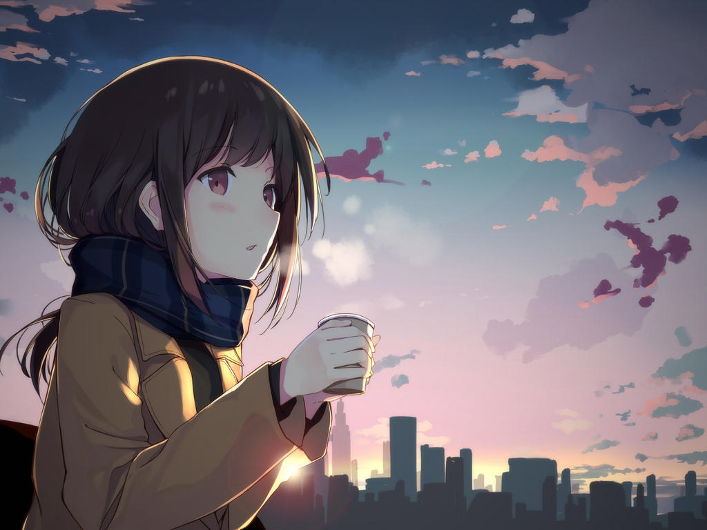 Desktop Wallpaper Cute Anime Girl Drinking Coffee, Anime 