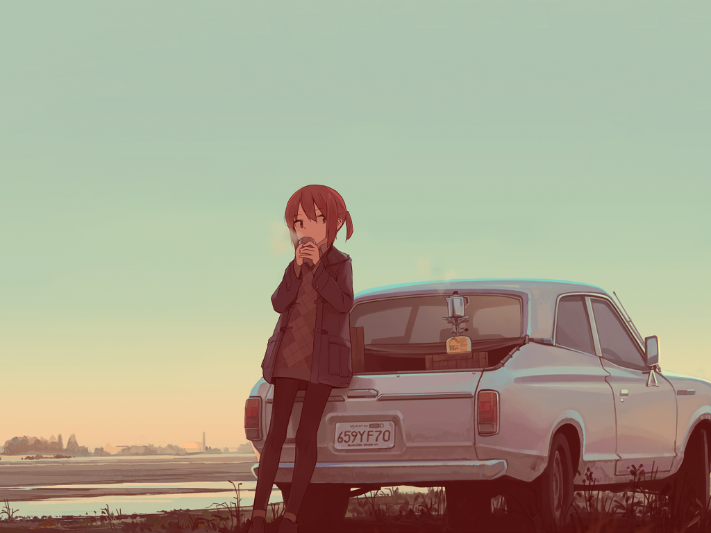 Desktop Wallpaper Cute Anime Girl, Drinking, Tea, Car, Hd 